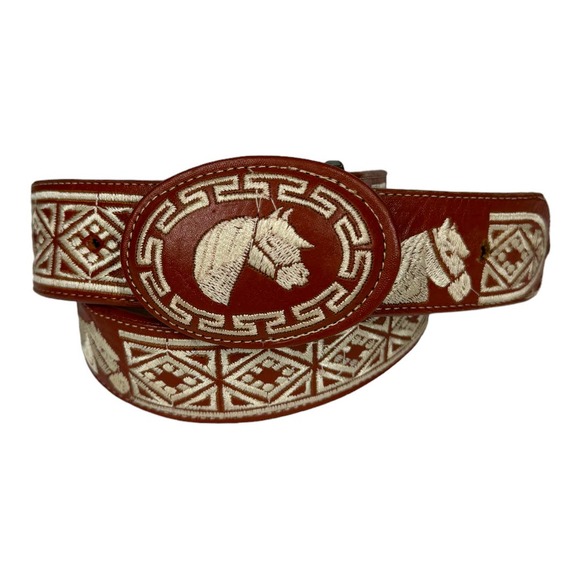 Vintage Accessories - Vintage Horse Embroidered Leather Belt 32 Brown Made In Mexico Western Rodeo